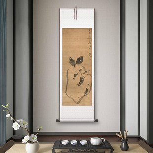 饰挂画玄关水墨高清卷轴字画 客厅书房茶室装 清朱耷 湖石聚禽