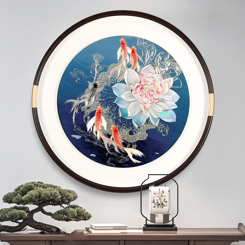 五福临门玄关装饰画圆形铜雕画2025年新款入户正对门荷花鱼高档