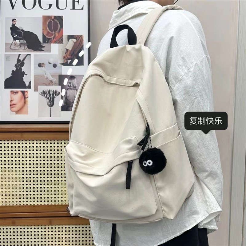 日系书包少女古着感n纯色双肩包校园学生ins背包男士简约大容量