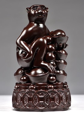 黑檀木雕刻猴子摆件生肖猴实木质灵猴献桃办公装饰送礼红木工艺品