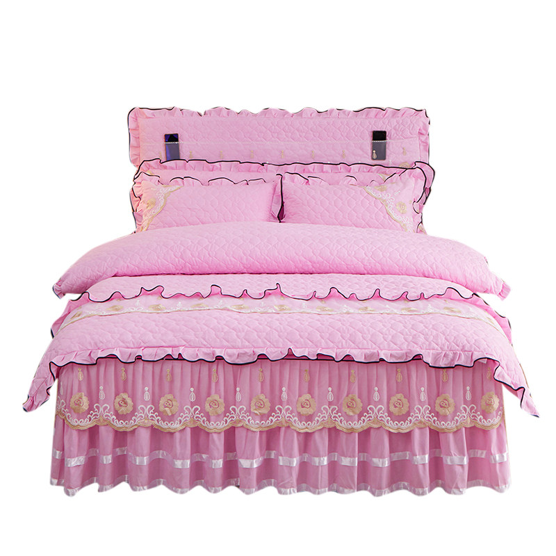 简约纯色蕾丝床裙床罩式四件套五件套磨毛花边被套床套1.5/1.8m