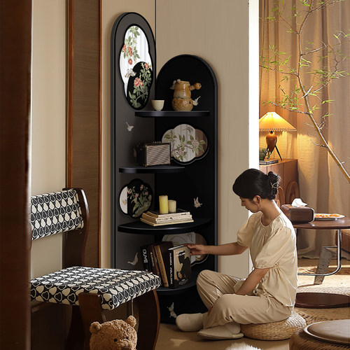 中古风转角装饰柜画墙角落地镜子摆件客厅置物架小户型夹缝收纳柜