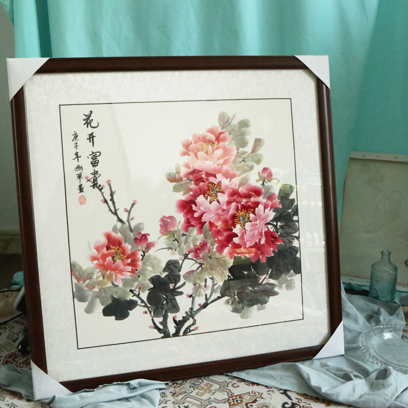 手绘国画花开富贵牡丹花图沙发背景画玄关客厅餐厅挂画中式装饰画