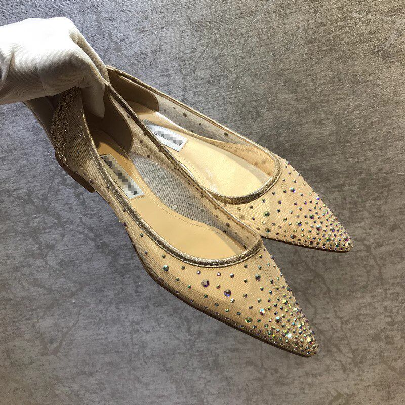 2025春夏季透气网纱水钻平底鞋尖头凉J鞋软底透明亮晶晶镂空单鞋