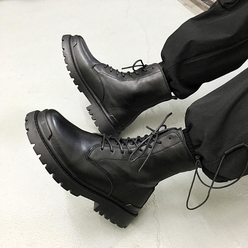ins马丁靴男高帮皮鞋英伦风潮百搭韩版厚底增高黑色中帮黑色靴子,流行男鞋,时装靴,淘宝优惠券,粉丝福利购,淘宝优惠卷