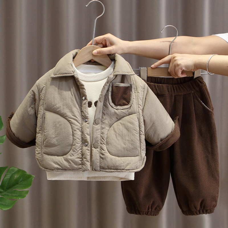 男童冬季新款套装棉衣儿r童加绒加厚冬装时髦棉服宝宝洋气三件套