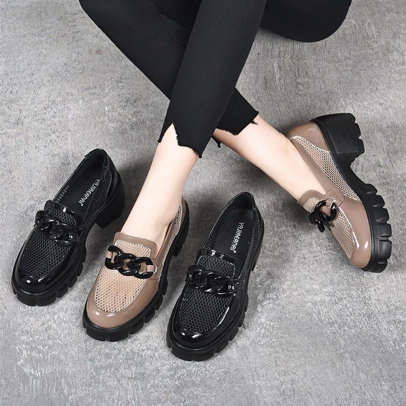 2025新款春夏季圆头粗跟镂空单鞋女英伦风网纱厚底凉鞋黑色松糕鞋,女鞋,浅口单鞋,淘宝优惠券,粉丝福利购,淘宝优惠卷