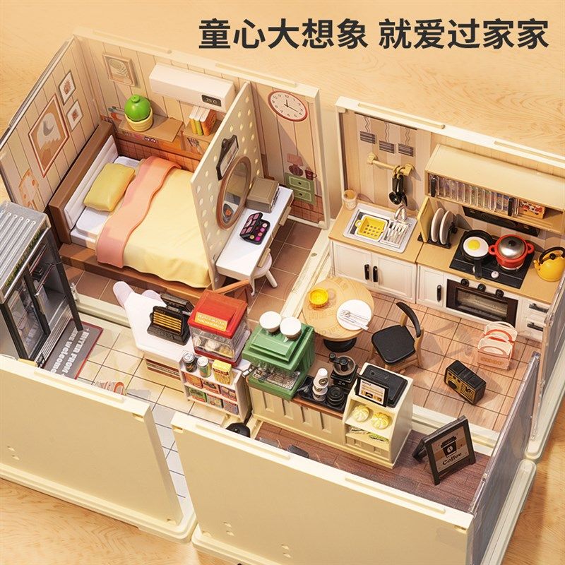 diy手工拼装微缩咖啡小屋建筑模型玩具便利店女孩礼物厨房大排档