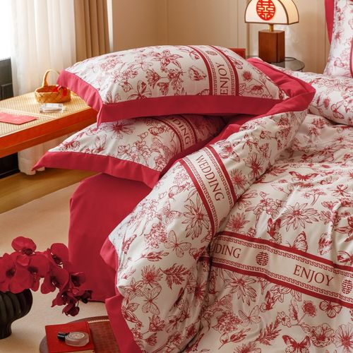 简约100支印花结婚四件套红色床单花卉被套全棉婚庆床上用品礼盒4