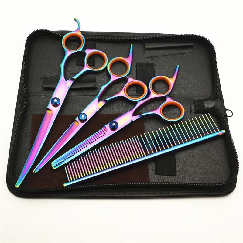 宠物剪刀七彩4件套装7寸宠物美容弯剪牙剪直剪狗狗美容修剪工具