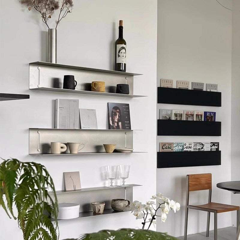 墙上U型不锈钢置物架层板客厅书房白色一字隔板书架墙面展示架