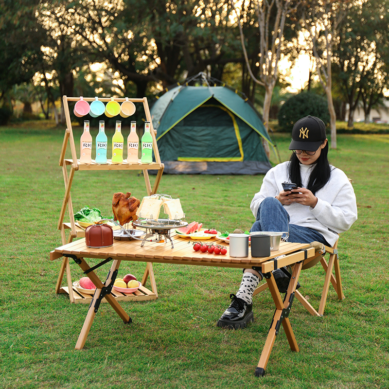 户外露营多层置物架带横杆厨房收纳整理架环保可折叠竹架便携轻巧