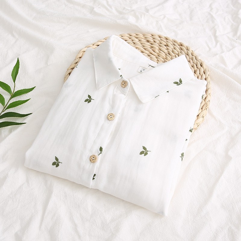 2019春秋新款日系小清新文艺树叶印花双层M棉纱白色长袖衬衫女衬