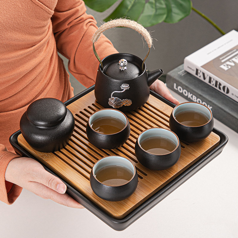 黑陶提梁壶功夫茶具套装泡茶家用茶台客厅茶N盘整套喝茶杯陶瓷茶