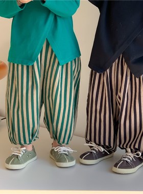暮晨家新款春秋2024男童条纹灯笼裤中小童宽松洋气阔腿裤九分裤