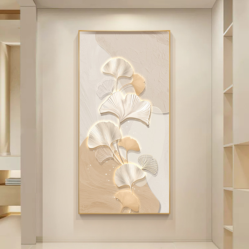 奶油风玄关装饰j画现代简约入户正对门壁画银杏叶楼梯走廊过道挂图片