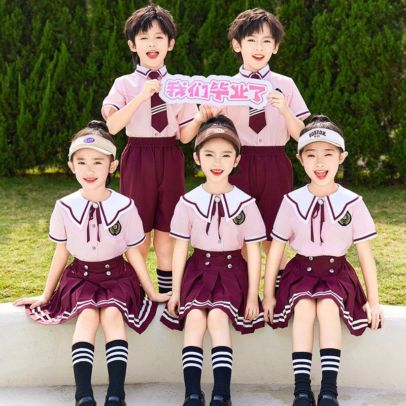 小学生校服夏季粉色套装幼儿园园服大班毕业服夏装儿童班服英伦风
