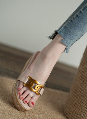 透明凉鞋女高跟2024夏季新款韩版松糕厚底鞋水钻坡跟一字平底凉拖