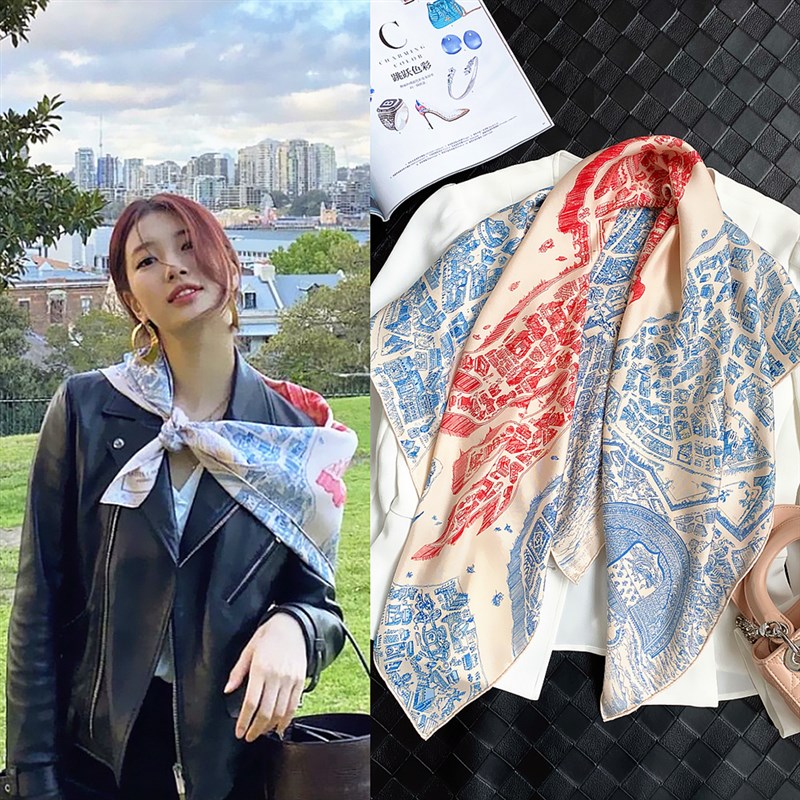 春季90cm新款手工卷边女士斜纹百搭大方巾丝巾围巾W防晒披肩礼品