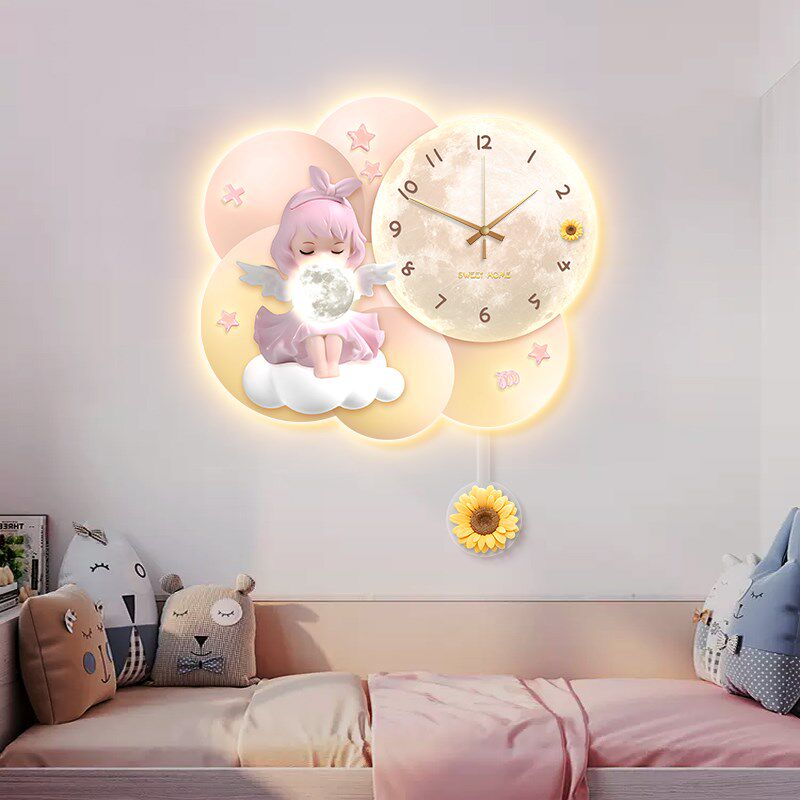 守护天使儿童房装饰画钟表挂钟客厅2024新款电视背景挂画卧室壁画