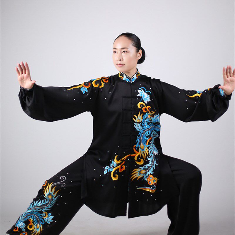 马蕾太极夏季新款高档太极表演y服中长款八段锦气功服刺绣凤鸣朝