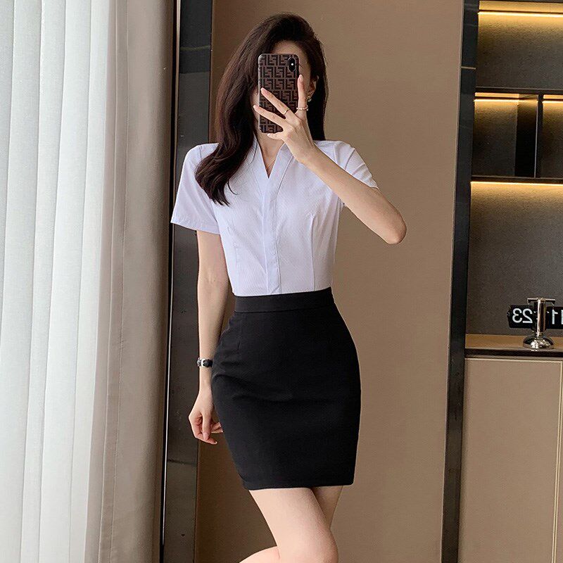 空乘职业套装衬衫女职业装气质V领白色空K姐制服套裙女春季工作服