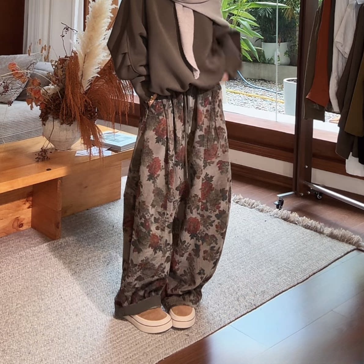 左小七【复古玫瑰灯芯绒萝卜裤】灯芯绒萝卜裤秋冬玫瑰印花高腰裤