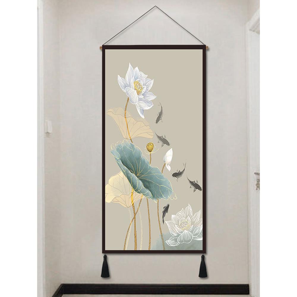 玄关装饰画荷花新中式布艺挂画现代客厅书房挂毯床头壁画竖中国风图片