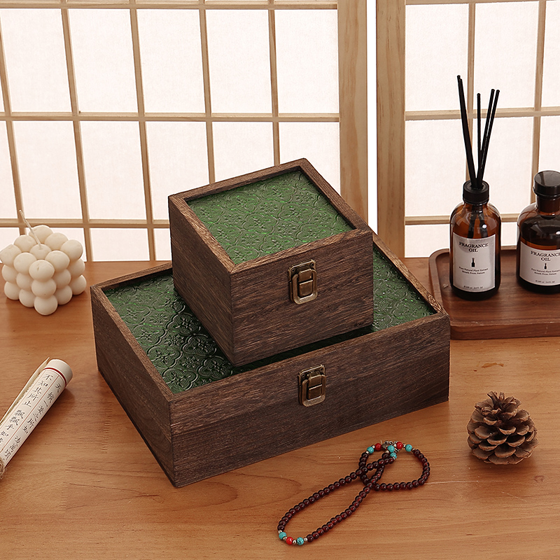 复古压花海棠花玻璃收纳木盒家用带盖证H文件储杂物长方形储杂物