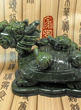 岫玉五子龙龟龙头龟母子龟装饰玉石摆件客厅玉雕工艺平安饰品礼品