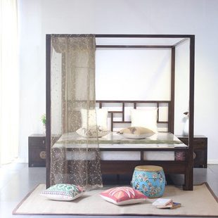 新中式实木架子床老榆木四柱床复古榫卯原木大床新古典帷幔床婚床