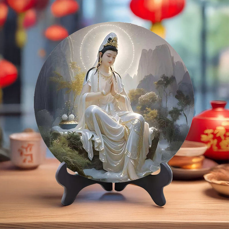 水晶圆形观音摆件立体白衣观音双手合十 禅意家居装饰品送人礼物