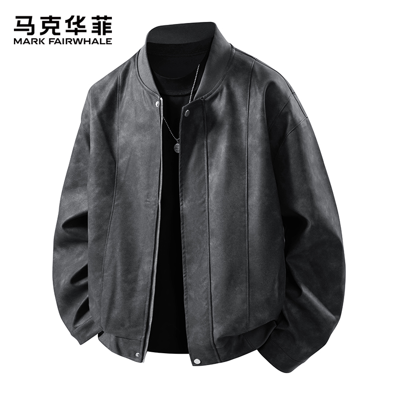 马克华菲加绒加厚机车皮衣男士冬季棒球服外套宽松休闲百搭皮夹克