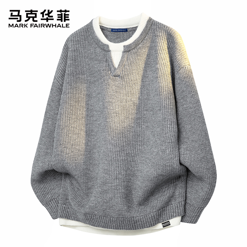 马克华菲假两件毛衣男士秋冬潮流套头宽松休闲打底针织衫百搭衣服