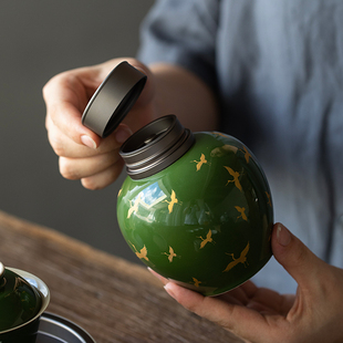 祖母绿仙鹤茶叶罐家用便携茶叶存储陶瓷罐小号功夫茶具密封防潮罐