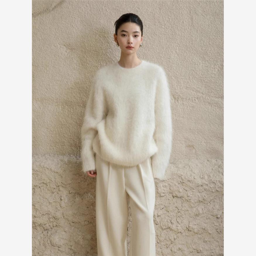 彷水貂绒白色套头毛衣女秋冬加厚新款慵懒软糯圆领长袖针织衫上衣