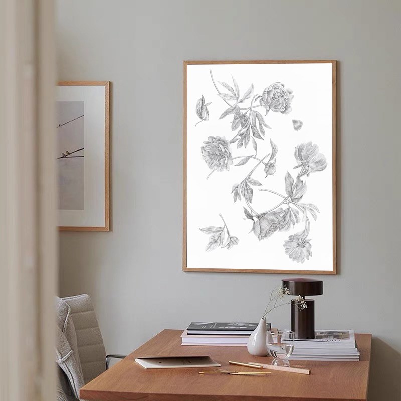 瑞典设计芍药丁香花植物花卉素描插画小众艺术装饰画客厅海报挂画图片