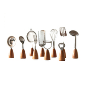 漏勺 开瓶器 打蛋器 切丝器 木柄笑脸系列不锈钢木制叉勺餐具套装