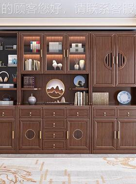 新中式装实木书柜胡璃桃木带柜M230526门玻门饰柜一体墙书房整柜