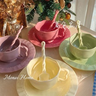 大容量早餐杯燕麦牛奶咖啡水杯子釉下彩点心盘 纯色高级感餐具套装