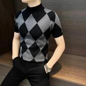 新款 半高C领菱格打底衫 男士 乐淘尚品轻奢店秋季 痞帅针织短袖 t恤
