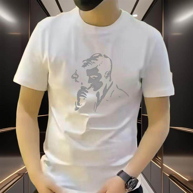 几禾轻奢纯棉男版新款潮牌印花短袖打底衫时尚百搭圆领休闲男上衣