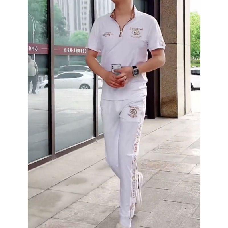 冰丝透气男士运动套装烫金印花立领短袖修身束脚裤青年休闲两件套