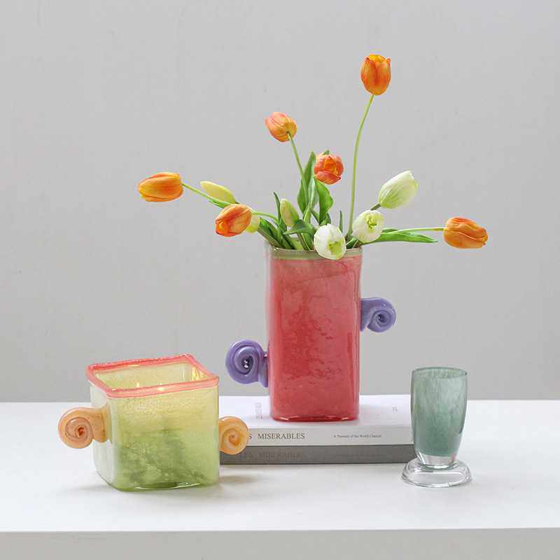 北欧创意双耳糖果色手工方口可爱花瓶鲜花餐桌电视柜多巴胺玻璃瓶,3C数码配件,摄像机配件,淘宝优惠券,粉丝福利购,淘宝优惠卷