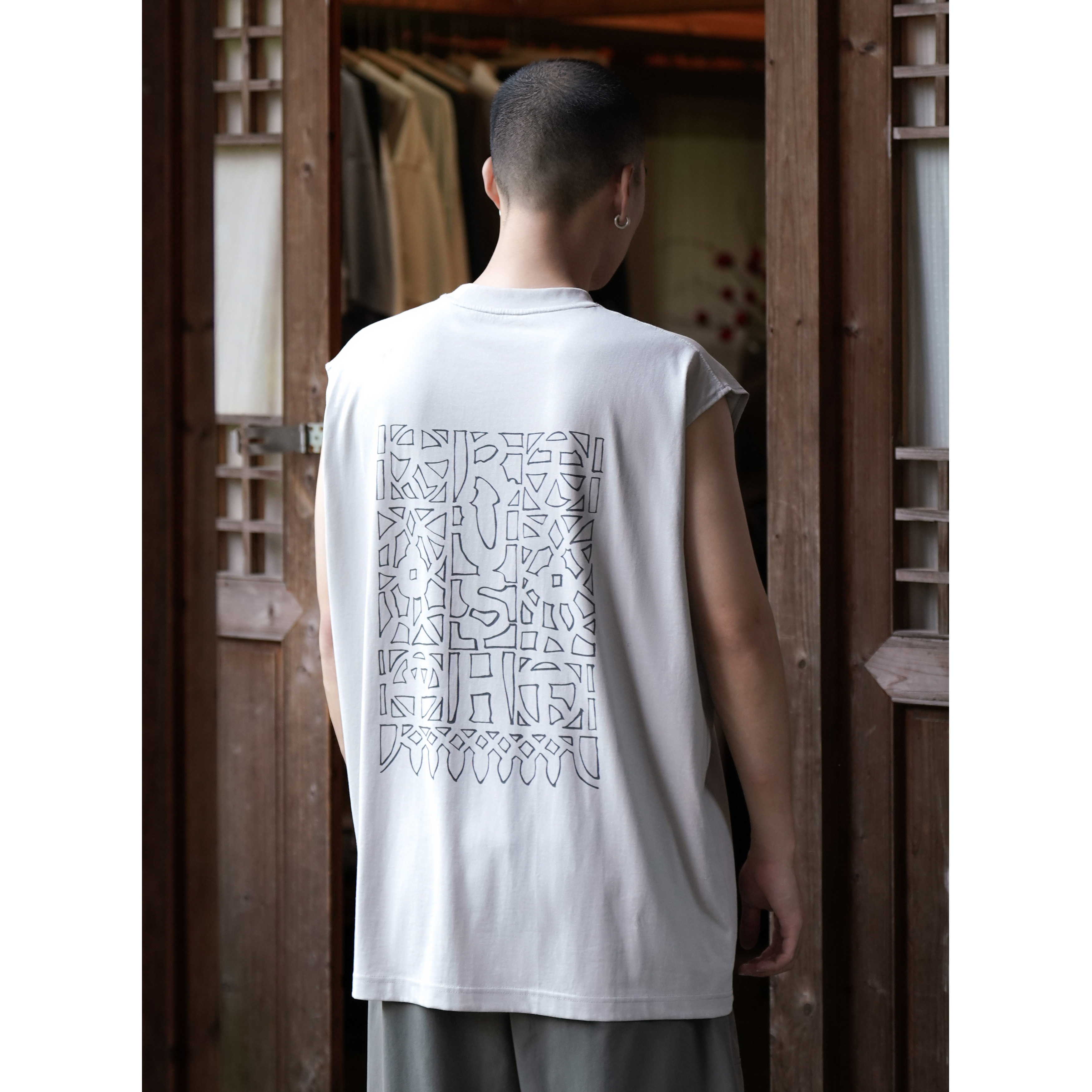 RUSHBON 25SS休闲新国风剪纸印花圆领坎袖运动背心T恤衫男夏季tee