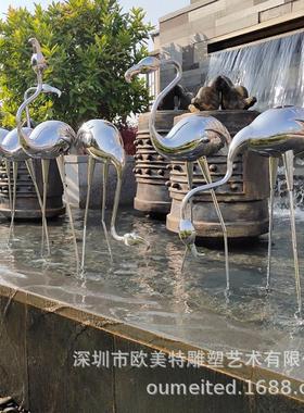 火烈鸟仿真抽象动物售楼处景观池塘摆件不锈钢仙鹤户外园林水雕塑