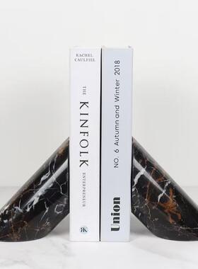 现代轻奢简约天然大理石几何创意书档软装摆设样板间书房书立架摆