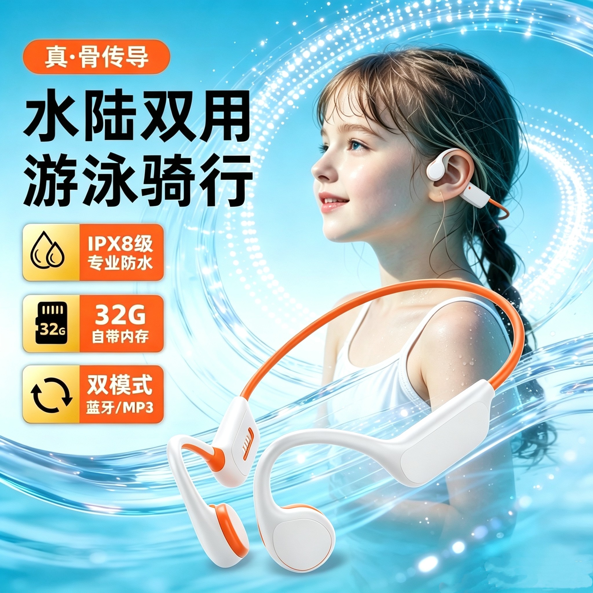 2026新款骨传导无线蓝牙儿童游泳训练运动耳机挂耳式专业防水防汗
