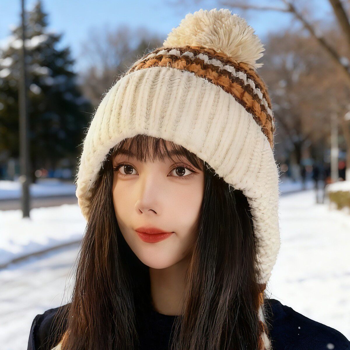 韩版条纹混纺毛线帽女秋冬加绒加厚保暖护耳帽绑带带球针织雷锋帽