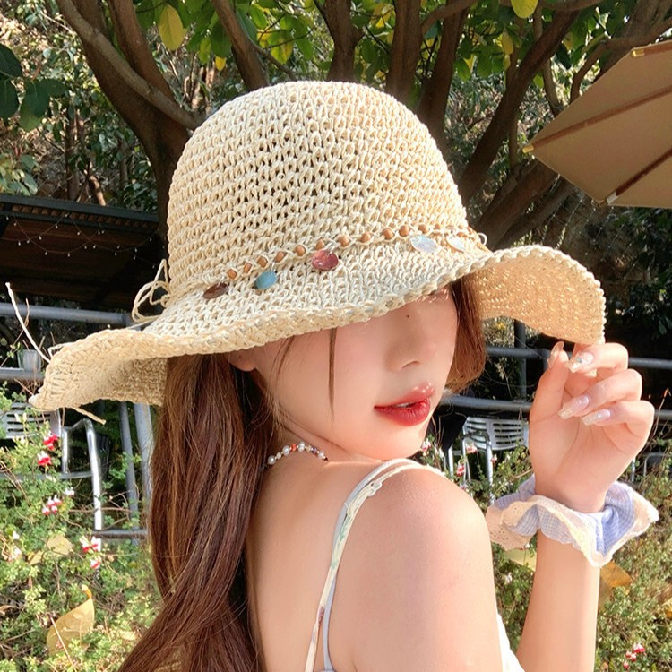 手工草编亮片沙滩防晒遮阳帽女